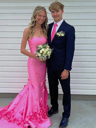 Hot Pink Strapless Mermaid Prom Dress with 3D Floral Appliques, PD3823023