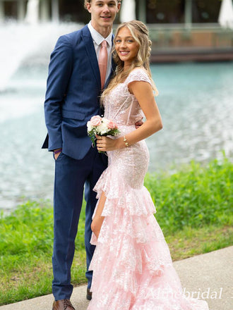 Elegant Light Pink Ruffles Side Slit Corset Prom Dress with Cap Sleeves, PD2823060