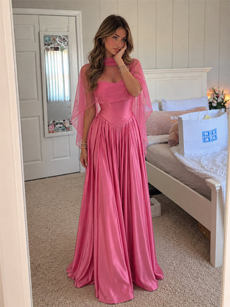 Elegant Pink Satin Corset A-line Evening Dress with Cape Sleeves, Prom Dress, PD28231243