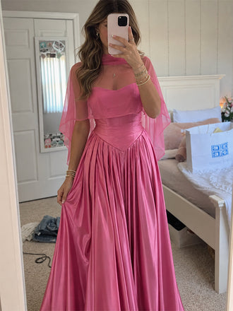 Elegant Pink Satin Corset A-line Evening Dress with Cape Sleeves, Prom Dress, PD28231243