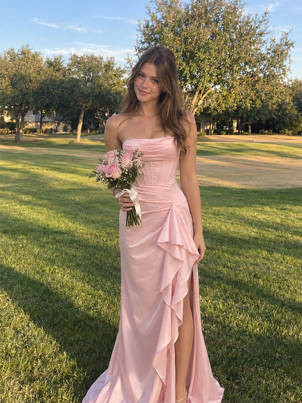 Elegant Yellow Strapless Ruffles Corset Prom Dress with Slit, Evening Dress, PD382266