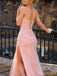 Elegant Strapless Pink Lace Appliques Mermaid Long Prom Dress with Slit, Evening Dress, PD37706