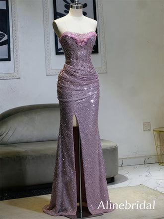 Unique Purple Sequins Strapless Mermaid Prom Dress with Slit, Evening Dress, PD3823049