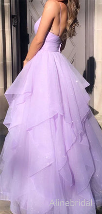 Glittery Purple Spaghetti Strap A-line Tiered Tulle Prom Ball Gown, Evening Dress, PD3822995