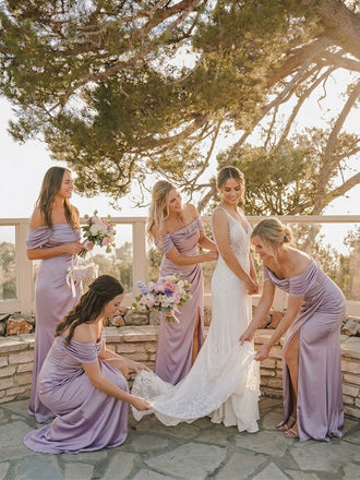 Elgant Lilac Off the Shoulder Mermaid Bridesmaid Dress with Slit, PD2823092