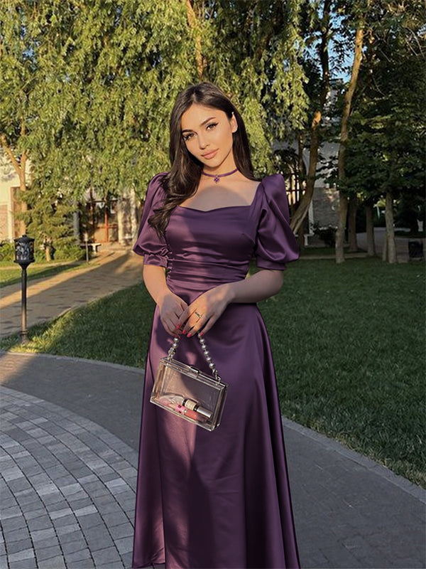 Elegant Green Square Neck Puff Sleeves A-line Long Evening Dress, Prom Dress, PD37643