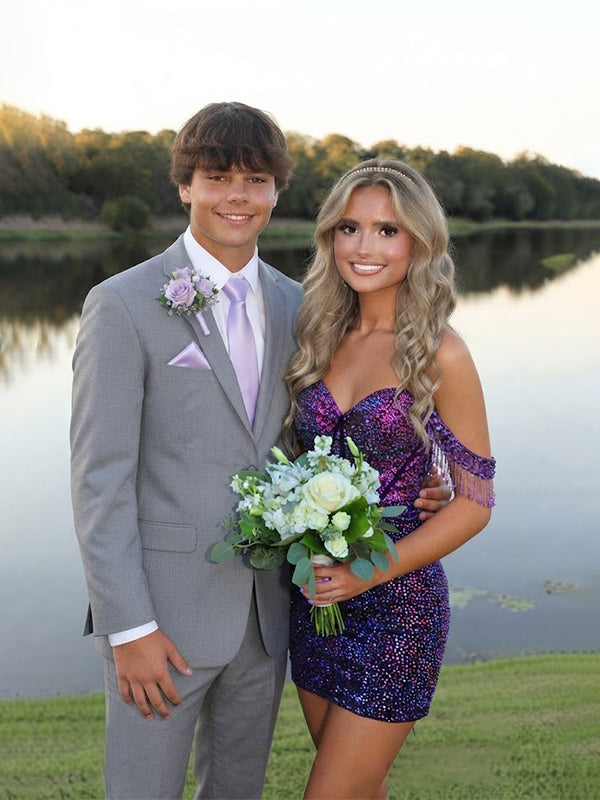 Sparkly Purple Rhinestones Off Shoulder Short Homecoming Dress with Fringe, HC382287