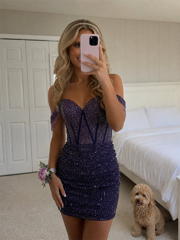 Sparkly Purple Rhinestones Off Shoulder Short Homecoming Dress with Fringe, HC382287