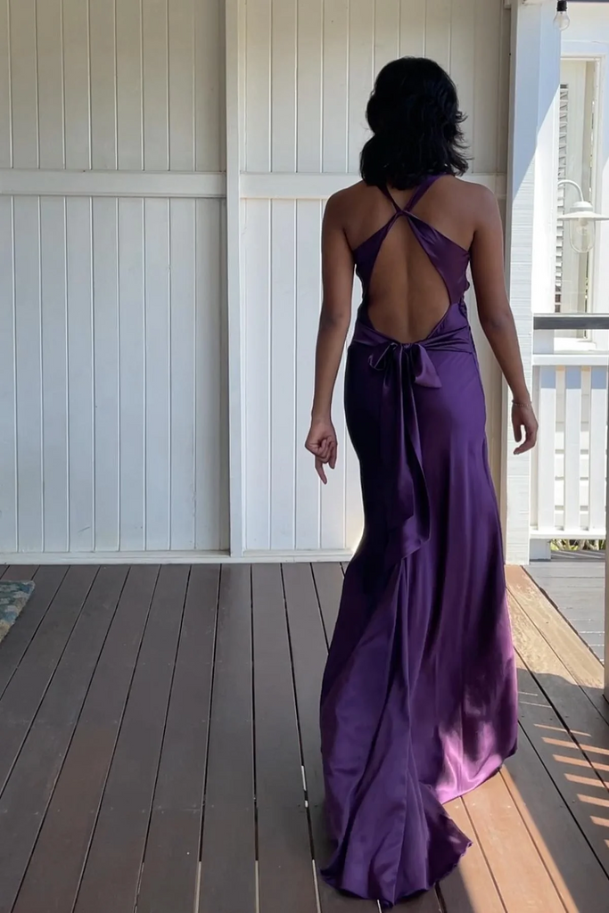 Simple Purple Satin Hlalter Criss Cross A-line Prom Dress, PD3823021
