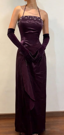 Vintage Purple Beaded Halter A-line Prom Dress, Evening Dress, PD3822998