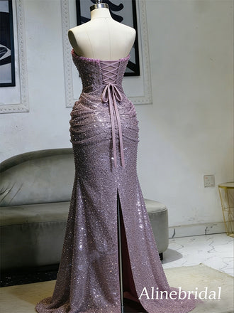 Unique Purple Sequins Strapless Mermaid Prom Dress with Slit, Evening Dress, PD3823049