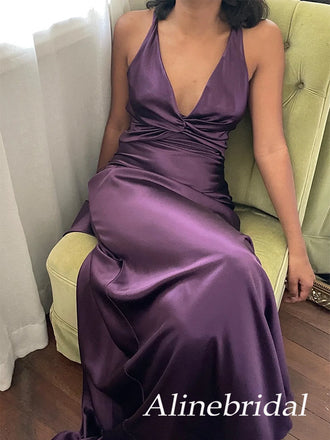 Simple Purple Satin Hlalter Criss Cross A-line Prom Dress, PD3823021
