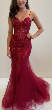 Stunning Red Sequins Spaghetti Strap Mermaid Long Prom Dress, Tiered Tulle Evening Dress, PD3823002