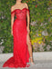 Sparkly Red Beading Off the Shoulder Prom Dress with Slit, Evening Dress, PD3822964
