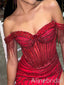 Sparkly Red Beading Off the Shoulder Prom Dress with Slit, Evening Dress, PD3822964