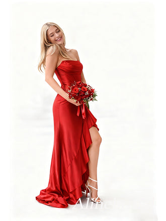 Stunning Red Ruffles Strapless Pleasted Corset Prom Dress with Slit, PD3823019