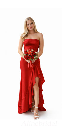Stunning Red Ruffles Strapless Pleasted Corset Prom Dress with Slit, PD3823019