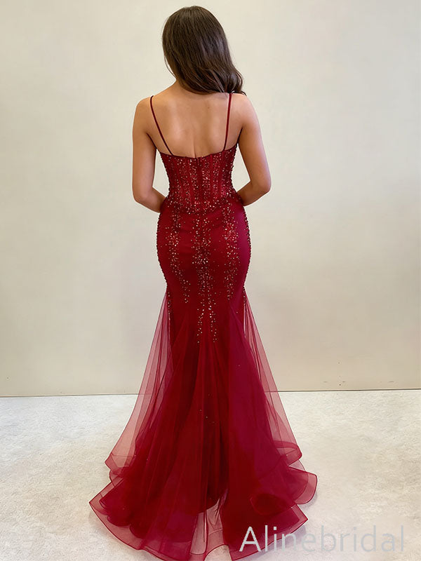 Stunning Red Sequins Spaghetti Strap Mermaid Long Prom Dress, Tiered Tulle Evening Dress, PD3823002