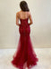 Stunning Red Sequins Spaghetti Strap Mermaid Long Prom Dress, Tiered Tulle Evening Dress, PD3823002