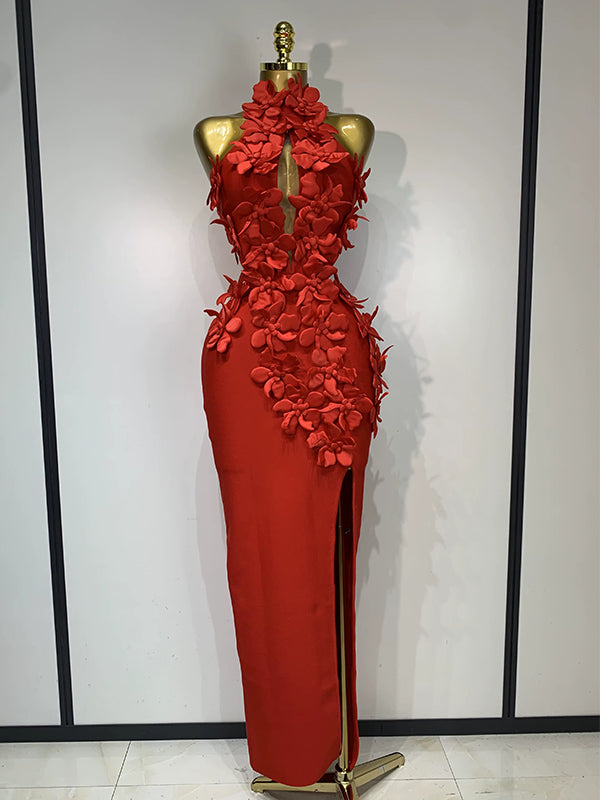 Stunning 3-D Floral Red Halter Mermaid Evening Dress with Slit, Prom Dress, PD28231230