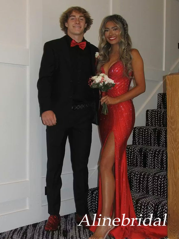 Sparkly Yellow Beaded V-neck Mermaid Long Prom Dress with Slit, Evening Dress, PD381771