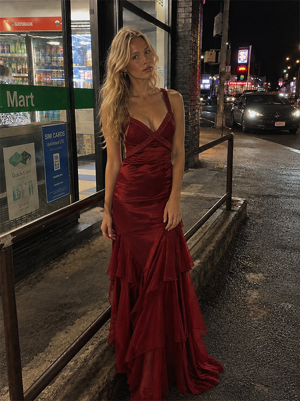 Elegant Burgundy Sequin V-Neck Ruffled Tiered Evening Dress, Prom Dress, PD28231303
