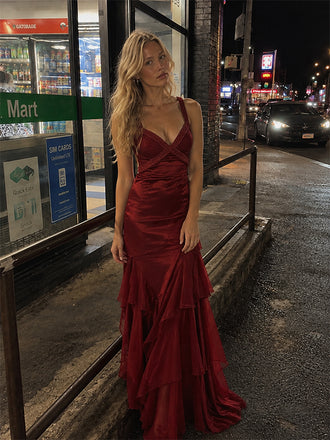 Elegant Burgundy Sequin V-Neck Ruffled Tiered Evening Dress, Prom Dress, PD28231303