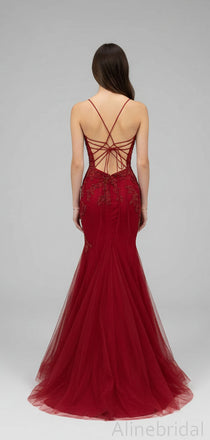 Stunning Red Side Slit Backless Mermaid Long Prom Dress, Lace Applique Evening Dress, PD3823003