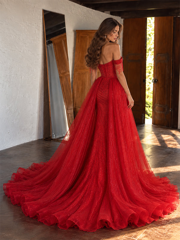 Gorgeous Red Beaded Off Shoulder Mermaid Evening Gown with Overskirt, Prom Dress, PD28231304