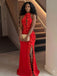 Stunning 3-D Floral Red Halter Mermaid Evening Dress with Slit, Prom Dress, PD28231230
