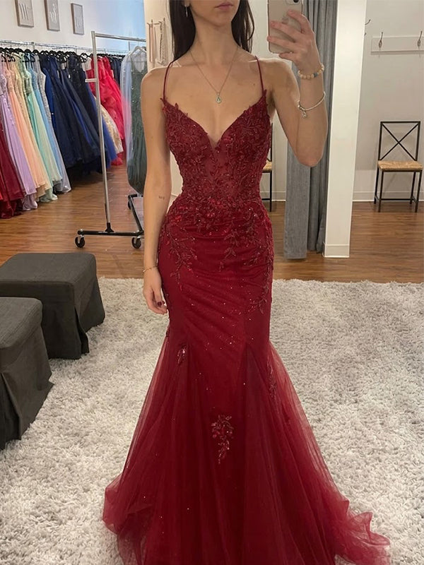 Stunning Red Lace Appliques Backless Mermaid Long Prom Dress with Slit, PD3823003