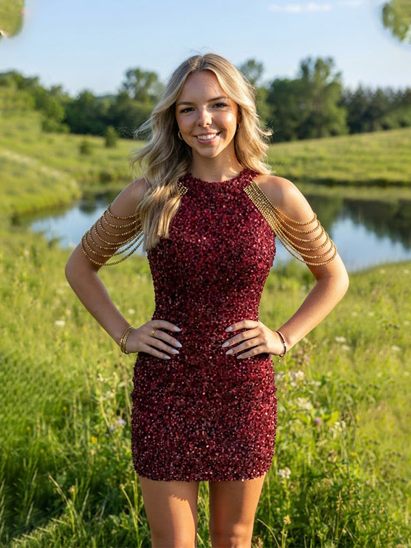 Sparkly Red Sequins Halter Short Homecoming Dress, HC382299