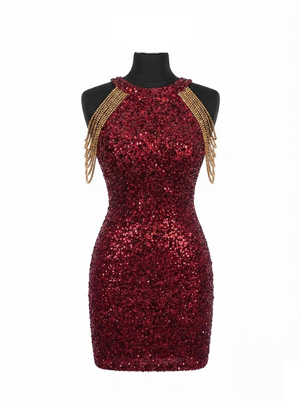 Sparkly Red Sequins Halter Short Homecoming Dress, HC382299