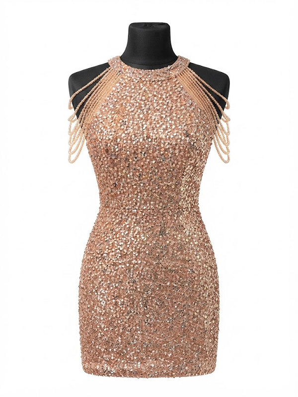 Sparkly Red Sequins Halter Short Homecoming Dress, HC382299