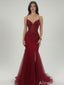 Stunning Red Side Slit Backless Mermaid Long Prom Dress, Lace Applique Evening Dress, PD3823003