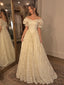 Vintage Off Shoulder Basque Waist A-line Lace Tulle Wedding Dress with Puff Sleeves, WD32254
