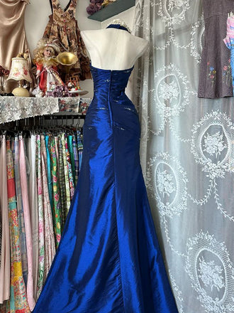 Vintage Royal Blue Beading Mermaid Prom Dress Slit, Evening Dress, PD2823074