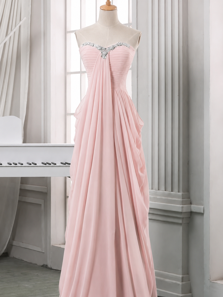 Elegant Mint Green Chiffon Strapless A-line Prom Dress with Crystal Beaded Bodice, PD3823000