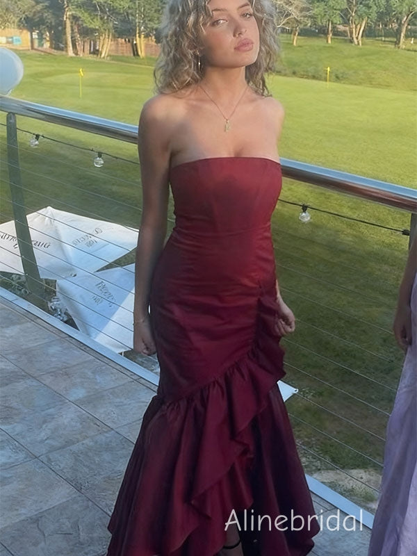 Elegant Burgundy Strapless Ruffle High Low Prom Dress, Evening Dress, PD382288