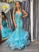 Stunning Blue Sequins V-neck Mermaid Long Prom Dress, Backless Tiered Tulle Evening Dress, PD3823001