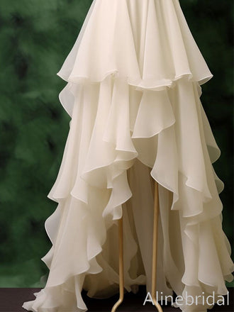 Elegant Ivory Chiffon Ruffles High Low A-line Tiered Wedding Dress, PD3822990
