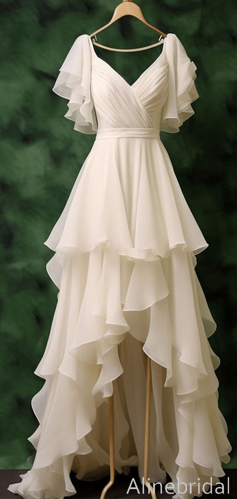 Elegant Ivory Short Sleeves A-line High LowChiffon Prom Dress, Ruffled Tiered Evening Dress, PD3822990