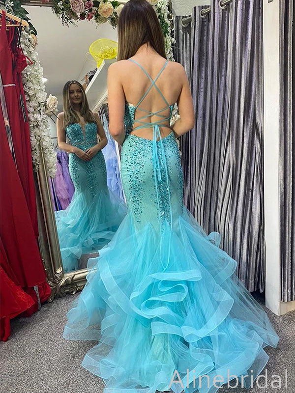 Stunning Blue Sequins V-neck Mermaid Long Prom Dress, Backless Tiered Tulle Evening Dress, PD3823001