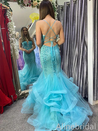 Stunning Blue Sequins V-neck Mermaid Long Prom Dress, Backless Tiered Tulle Evening Dress, PD3823001