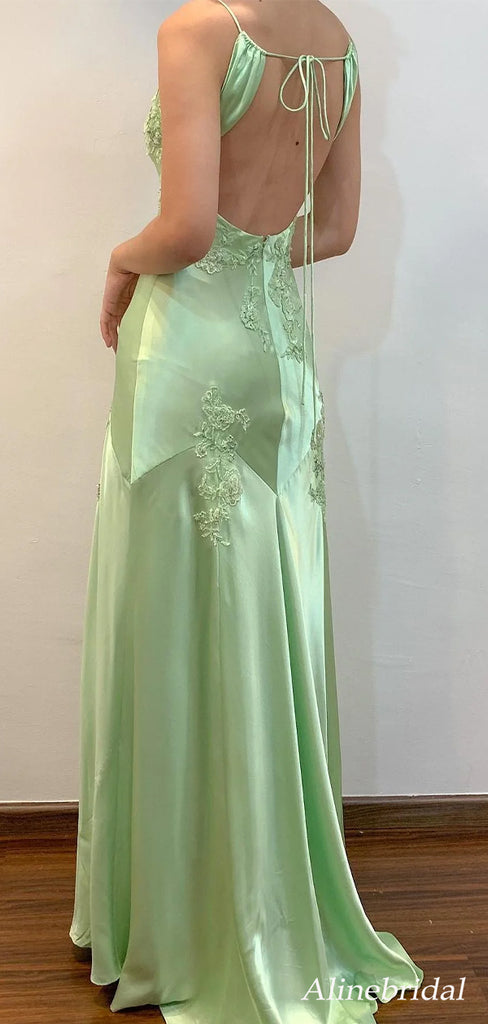Elegant Sage Green Satin Maxi Prom Dress with Lace Appliques, PD3823041