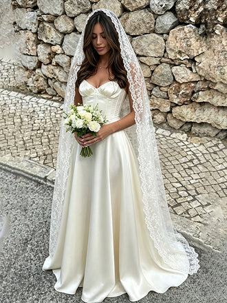 Vintage Ivory Satin Drop Waist Corset A-Line Wedding Gowns, WD3229