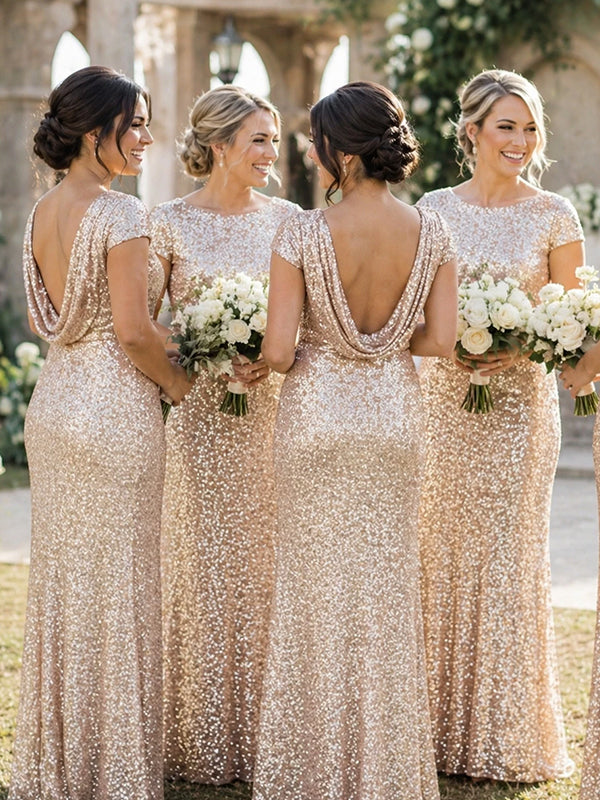 Elegant Champagne Gold Sequins Bateau Floor Length Bridesmaid Dress with Cap Sleeves, PD2823096
