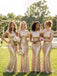 Elegant Champagne Gold Sequins Bateau Floor Length Bridesmaid Dress with Cap Sleeves, PD2823096