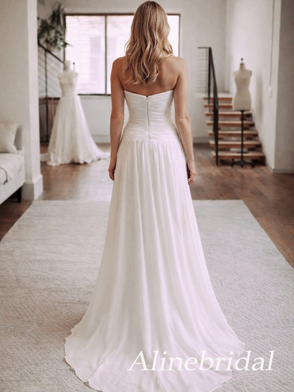 Vintage Ivory Pleated Strapless A-line Long Prom Dress, Shell Bodice Evening Dress, PD37667