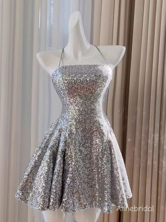 Sexy  Spaghetti Lace-up Back A-line  Silver Sequins Mini Homecoming Dress, PD382258